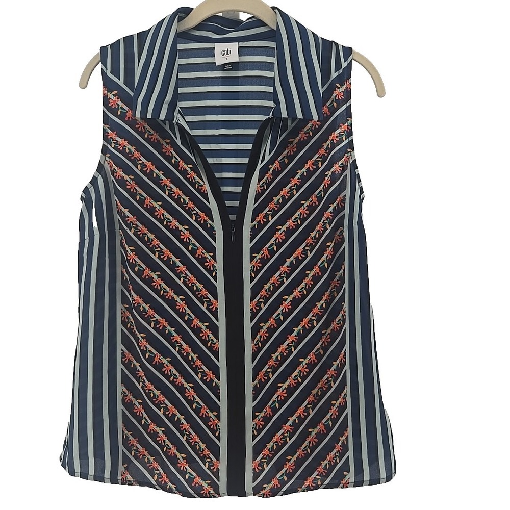 Cabi Small Chiffon Zippered Front Sleeveless Collared Blouse Striped Floral Blue